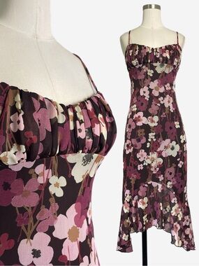 Vintage Y2K City Triangles Brown pink floral asymmetric mesh slip dress XS/S